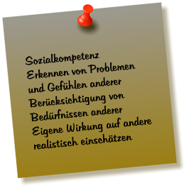 Sozialkompetenz Erkennen von Problemen und Gefhlen anderer Bercksichtigung von Bedrfnissen anderer Eigene Wirkung auf andere realistisch einschtzen